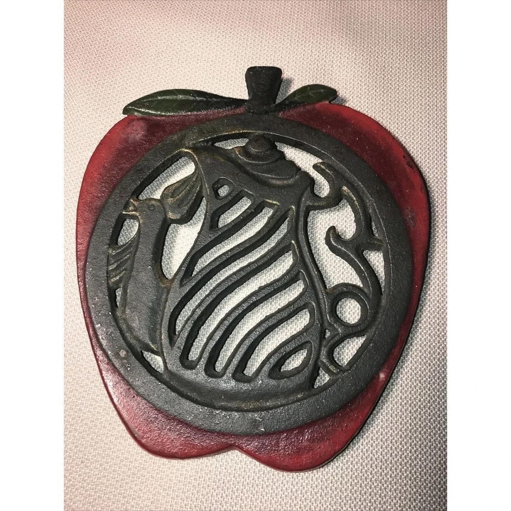 Cast Metal Red Apple Trivet Black Coffee Pot Scroll Design In Center